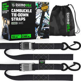 Rhino USA front packaging showing two tie down straps and features for easy identification and purchase