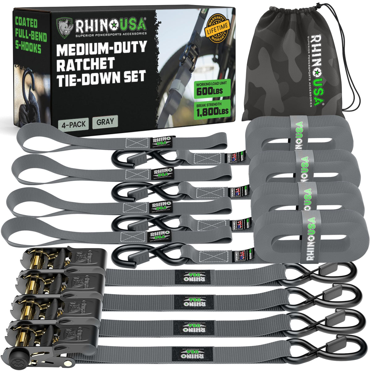 Rhino USA front packaging showing four ratchet tie-downs and bag for quick identification and purchase benefit