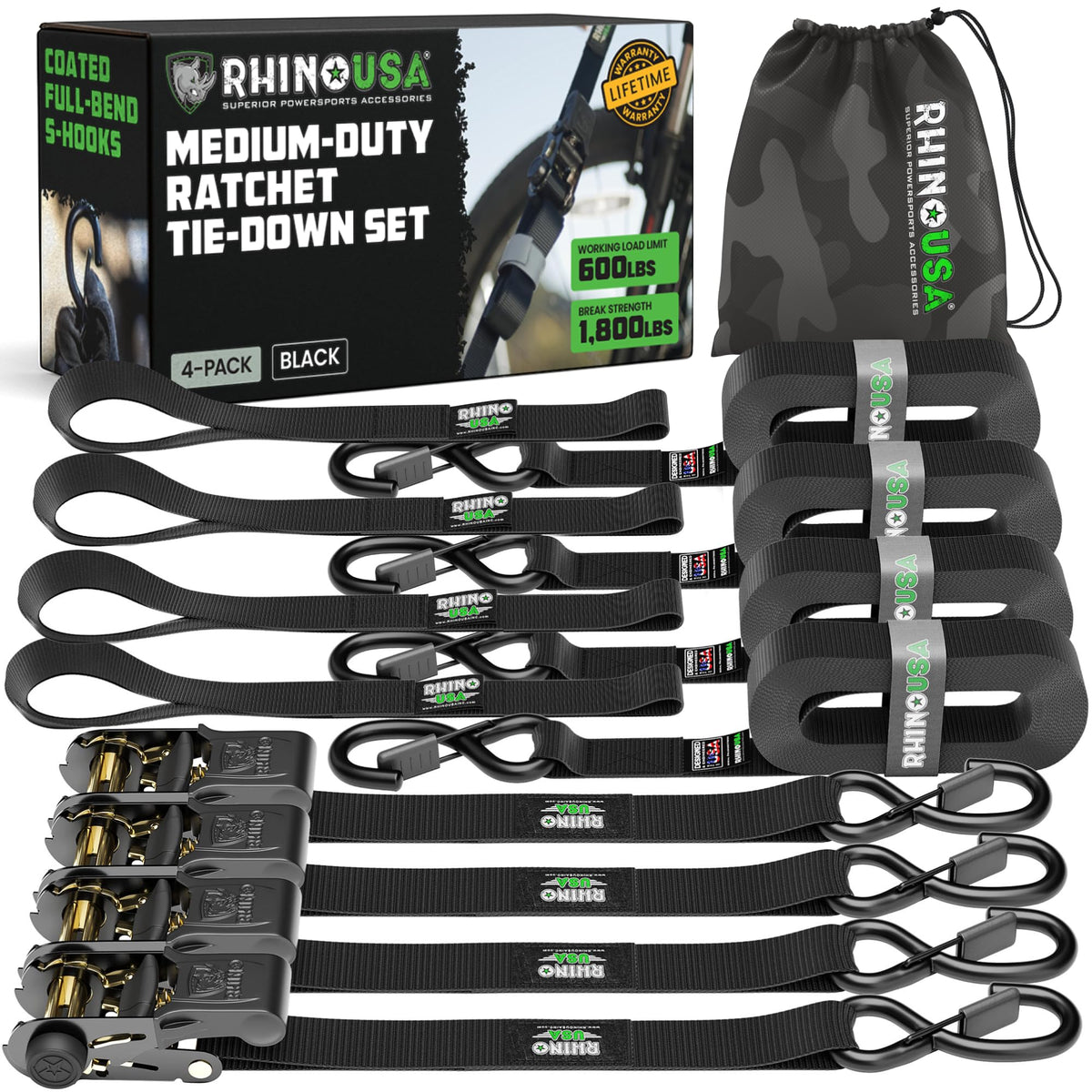 Rhino USA front pack showing four ratchet straps and carrying bag benefit organization