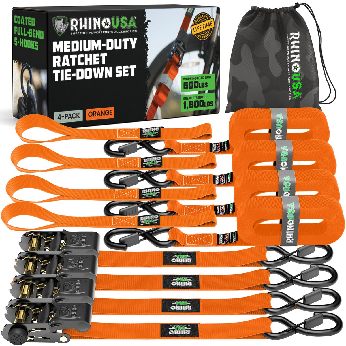 Rhino USA front packaging showing four ratchet straps and benefits