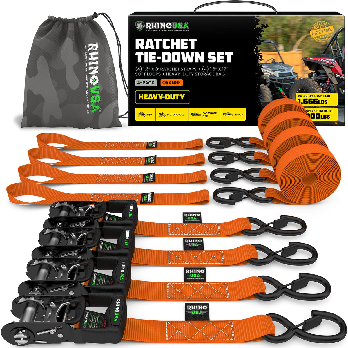 Rhino USA front packaging showing four straps and product benefits