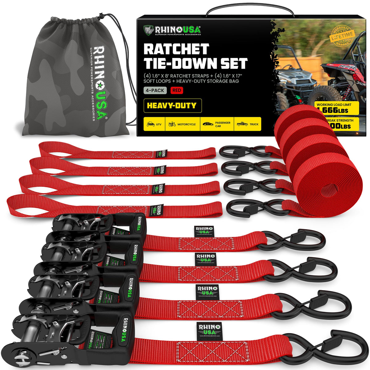 Rhino USA front packaging showing four ratchet straps and lifetime guarantee benefit