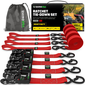 Rhino USA front packaging showing four ratchet straps and lifetime guarantee benefit
