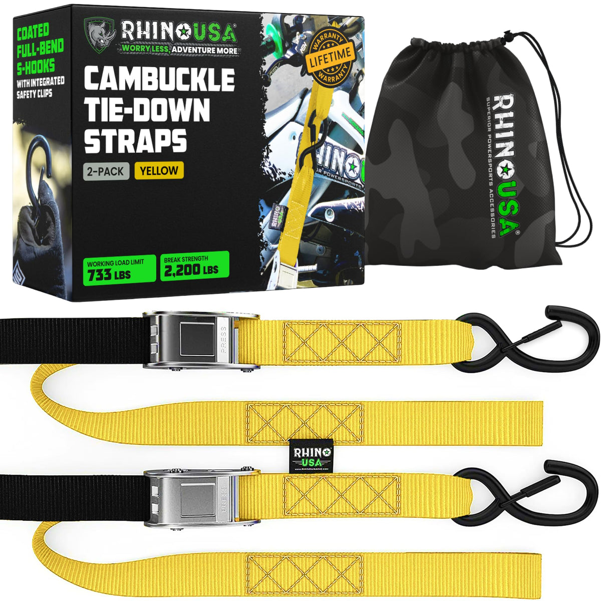 Rhino USA front packaging showing 2-pack straps and branding for easy identification and confidence