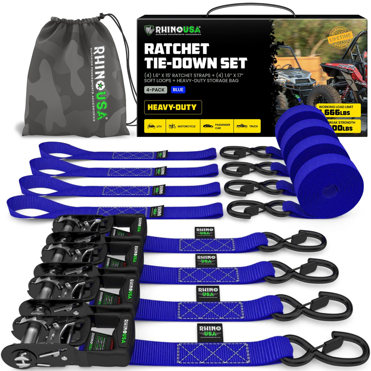Rhino USA front packaging showing 4-pack and specifications for dependable transport
