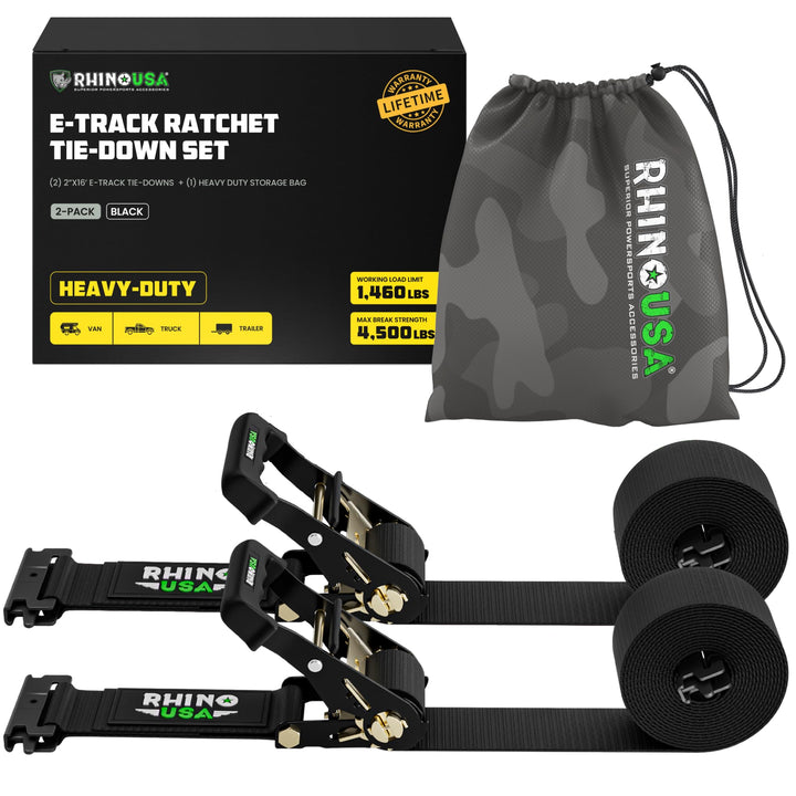 Rhino USA front view of 2-pack ratchet straps showing packaging and contents for quick identification