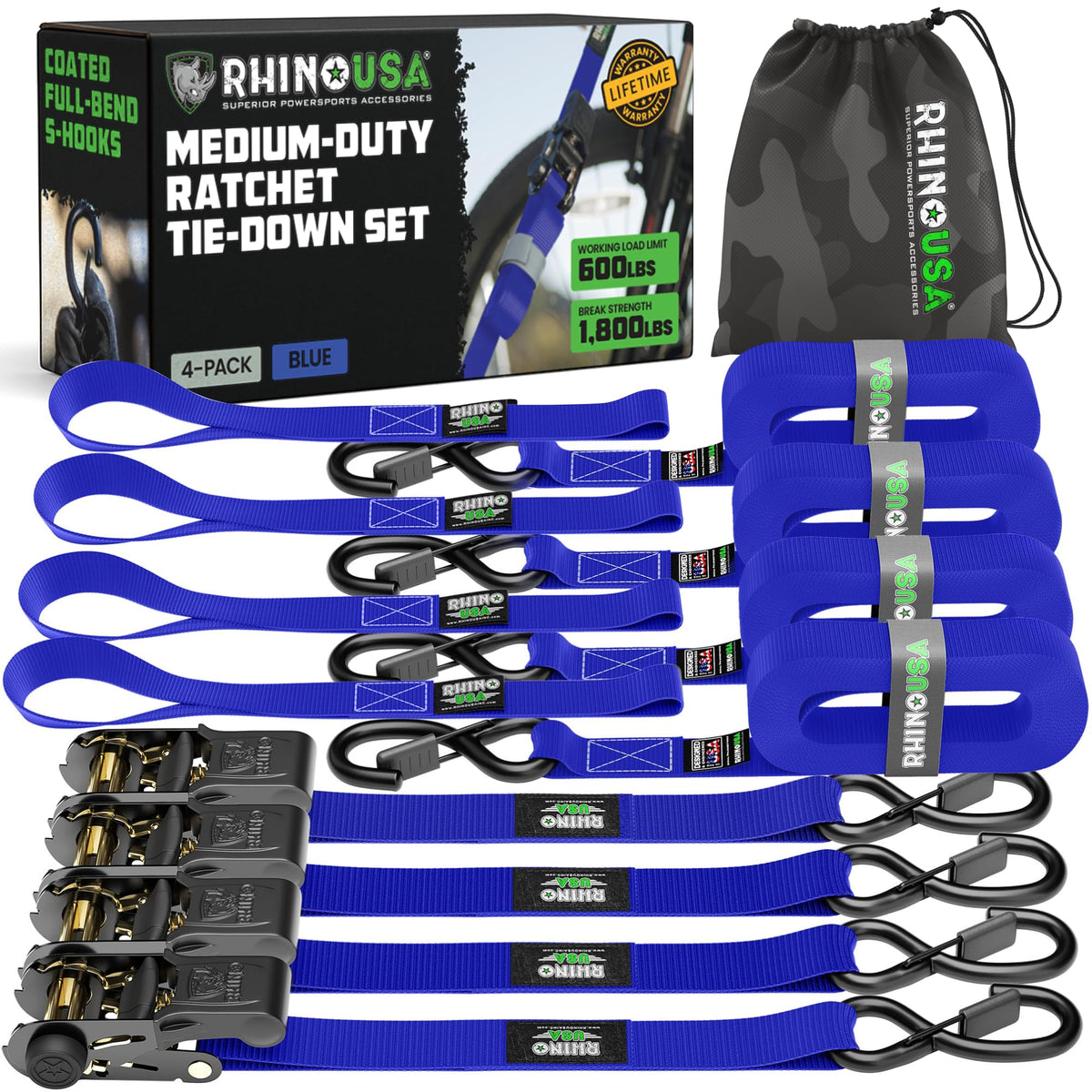 Rhino USA front packaging showing four 1x15ft straps and S hooks for reliable transport