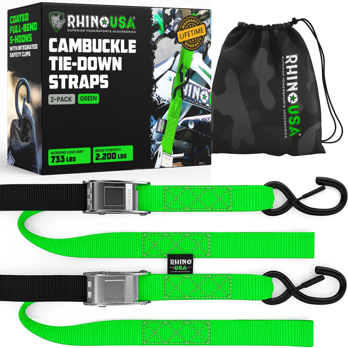 Rhino USA front packaging showing 2-pack straps, clear brand protection