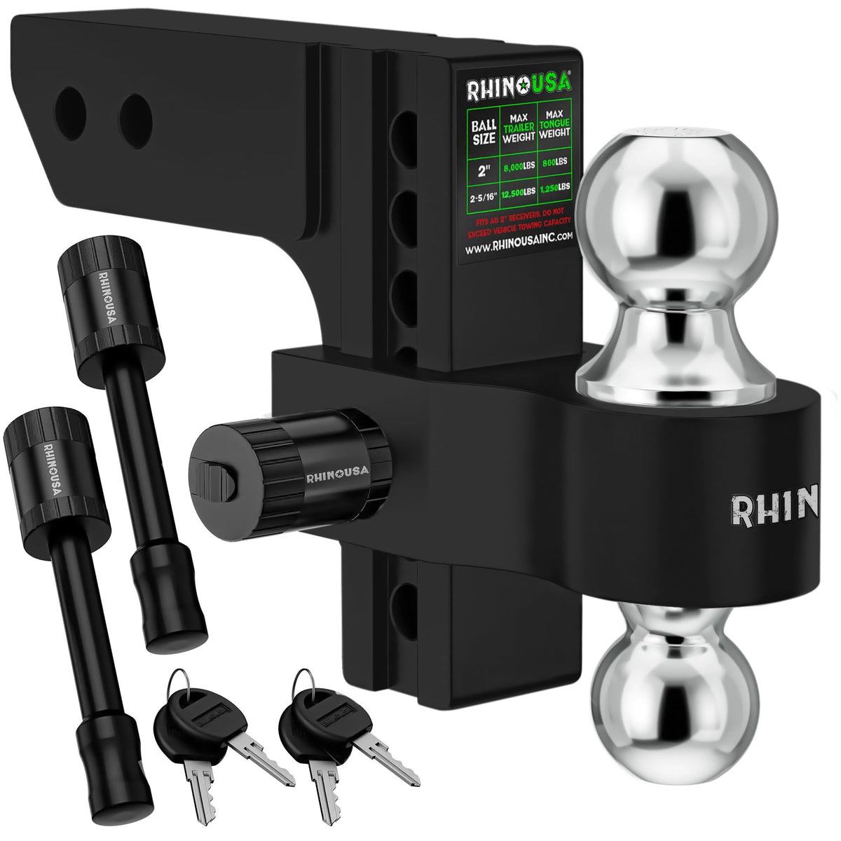 Rhino USA front view of adjustable hitch showing solid shank and receiver fit for strength