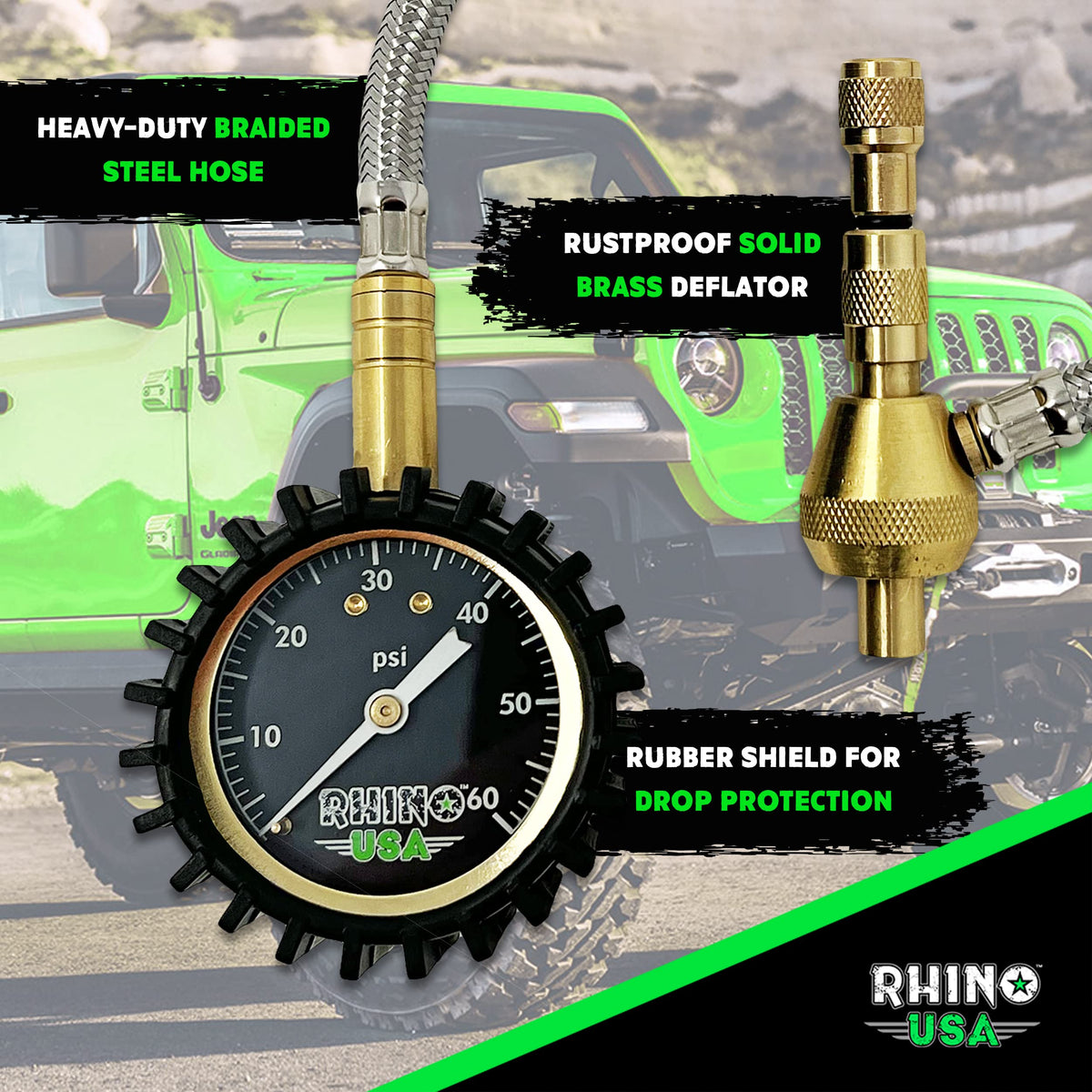 Rhino USA close-up of 2-inch gauge dial for clear PSI reading and accurate monitoring