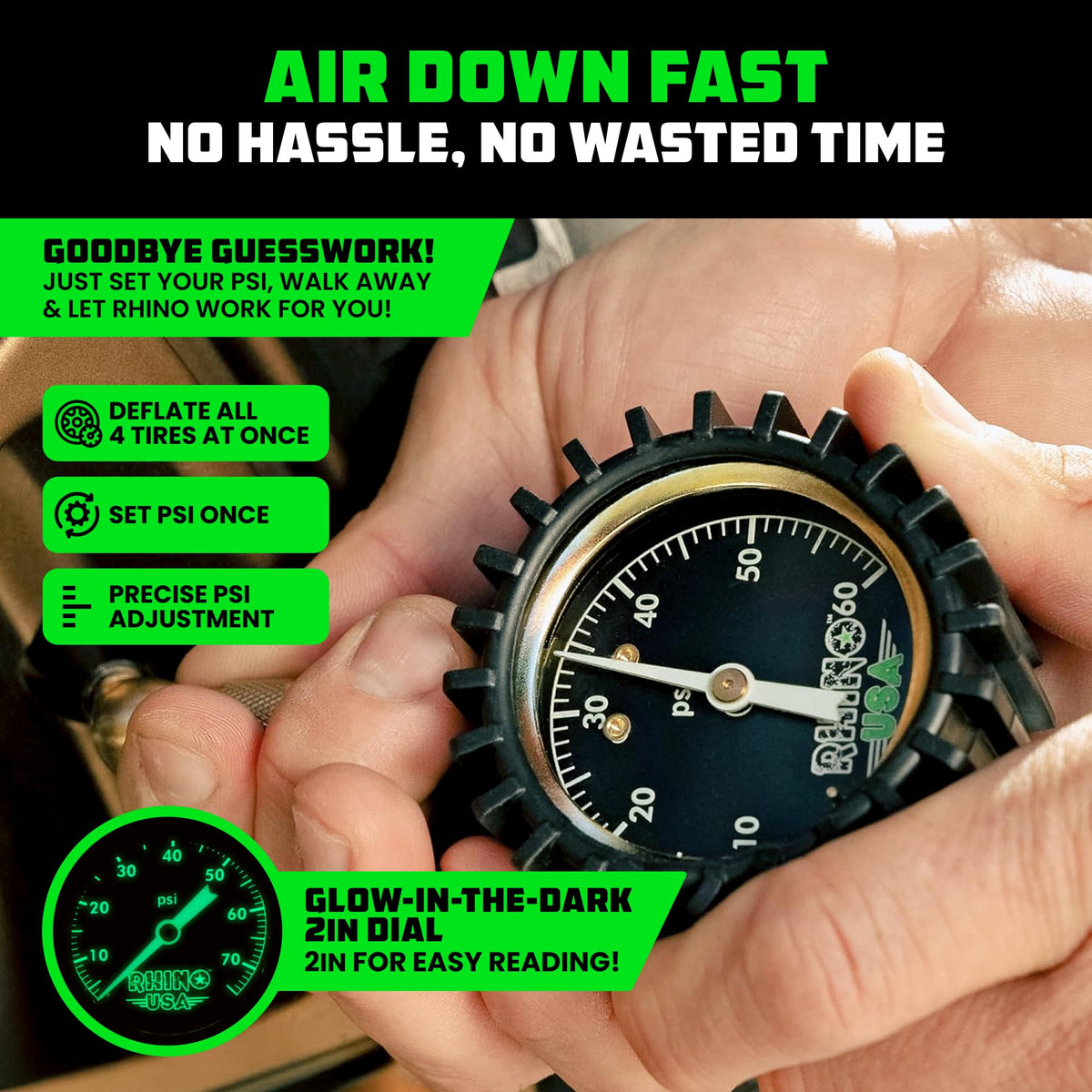Rhino USA close-up of 2-inch gauge displaying clear numbers for accurate readings