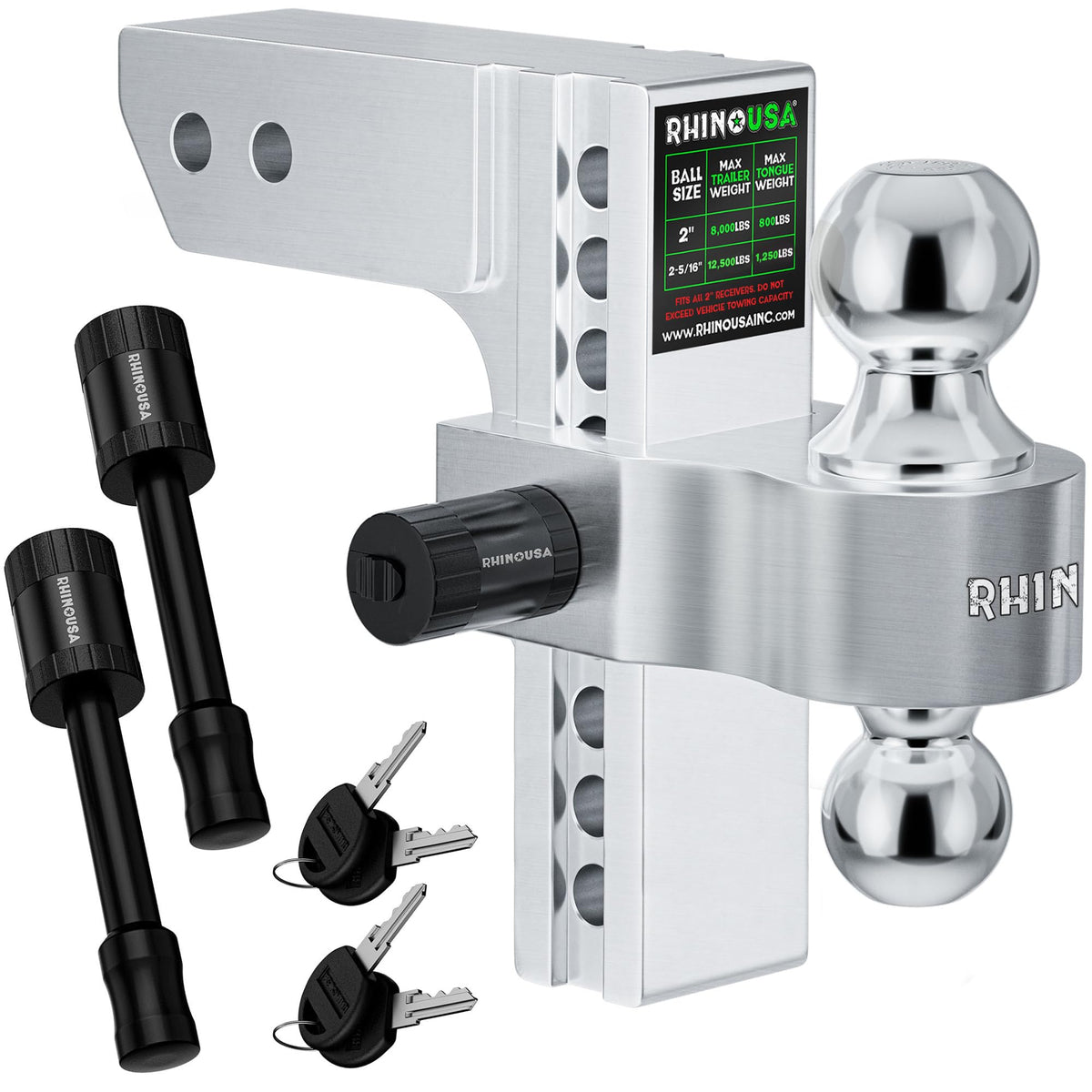 Rhino USA front profile of adjustable 2-inch hitch showing heavy-duty construction and secure fit