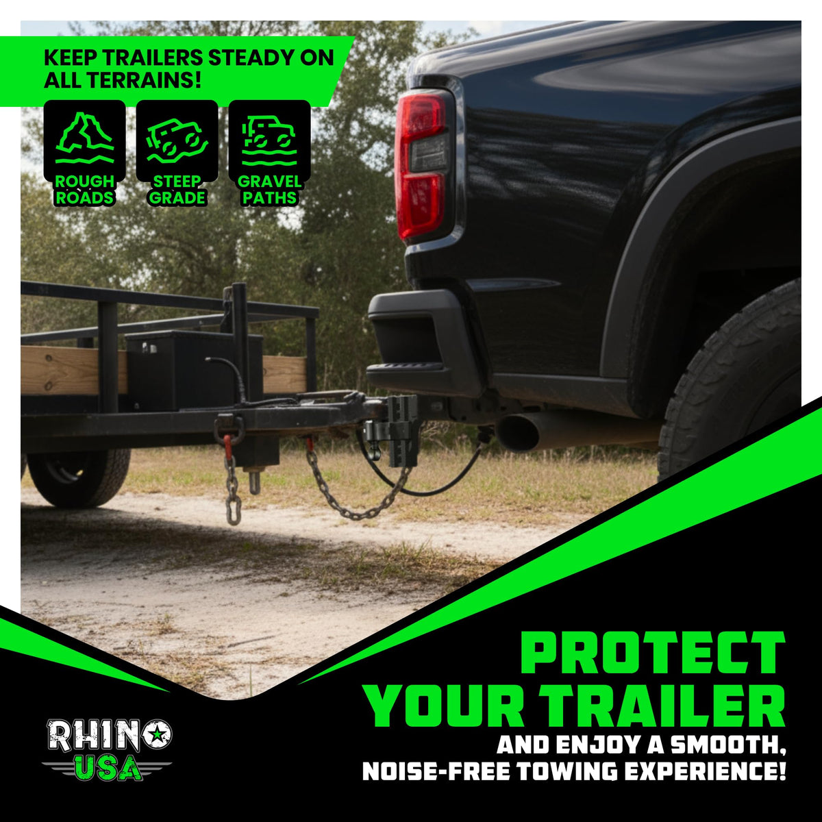 Rhino USA hitch with trailer scene showing towing confidence on the road