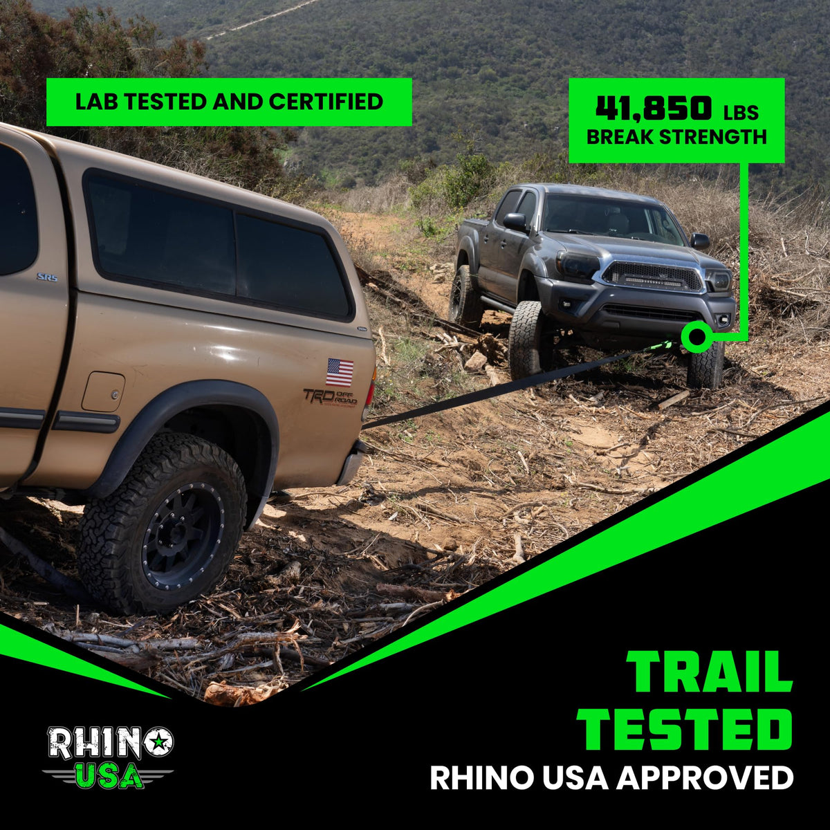 Rhino USA used in an off-road recovery scene showing reliable recovery support