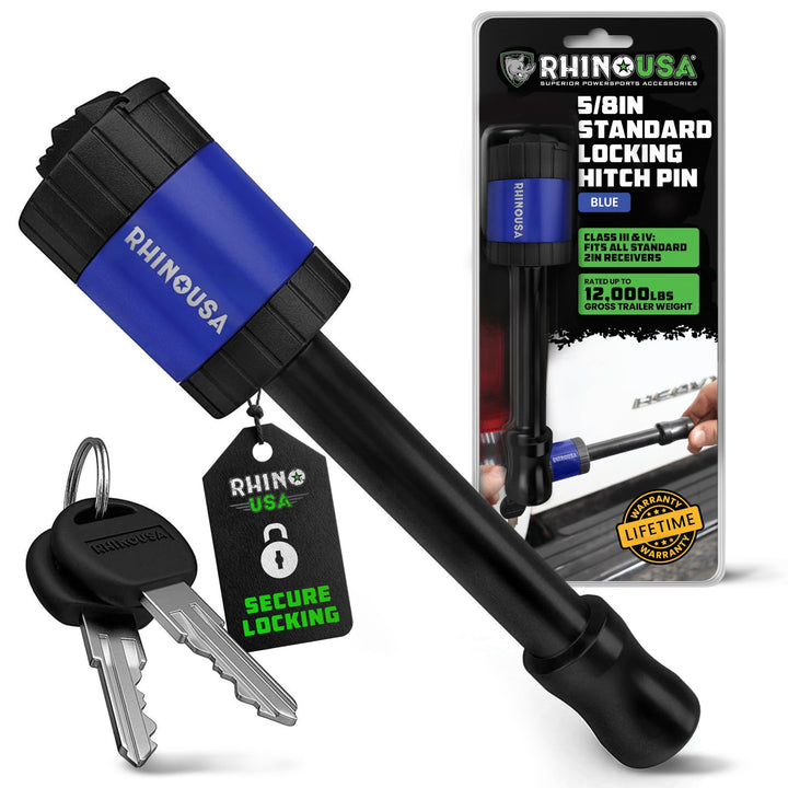 Rhino USA front view of blue hitch pin showing durable finish and secure design