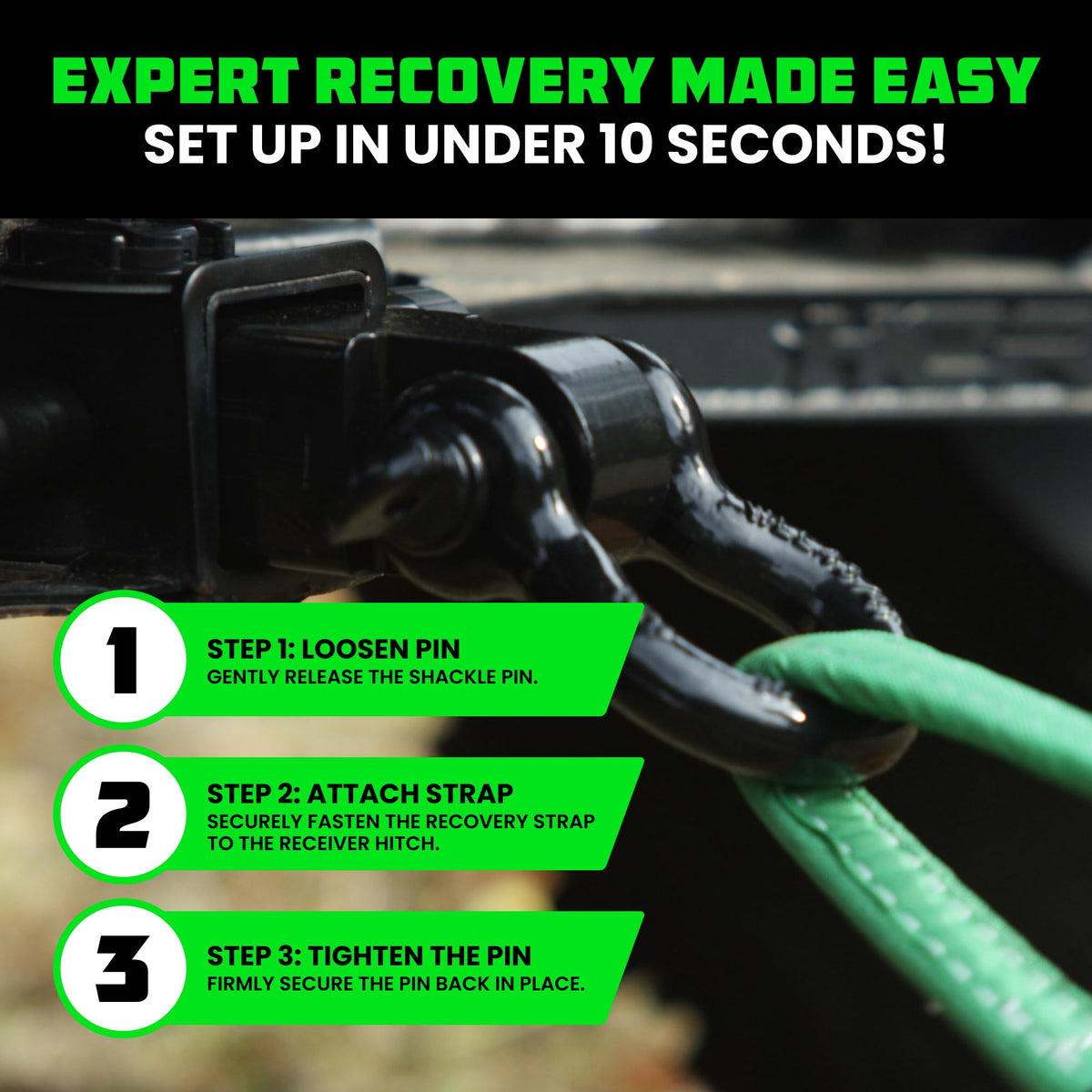 Rhino USA shackle used during vehicle recovery illustrating safe rated connection