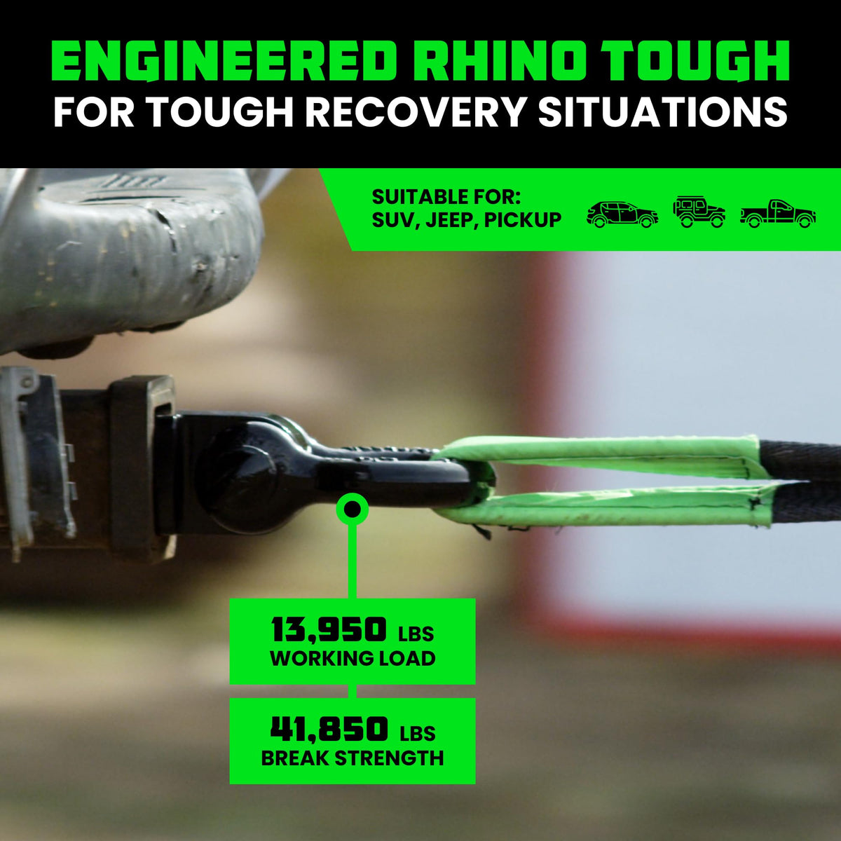 Rhino USA shackle installed in a truck 2-inch receiver showing secure fit benefit