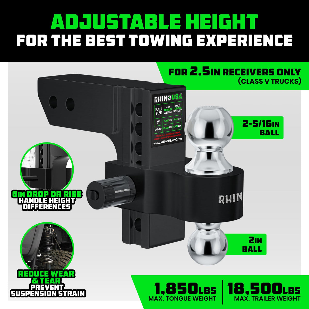 Rhino USA hitch side profile highlighting drop/rise adjustability and strength