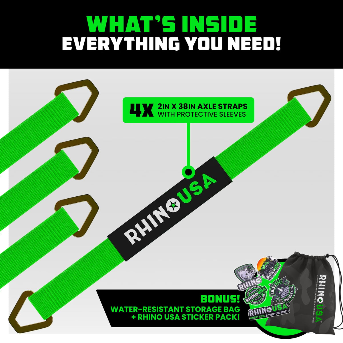 Rhino USA strap attached to axle on car demonstrating stable transport benefit