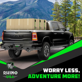 Rhino USA in use tying down a motorcycle demonstrating secure transport benefit