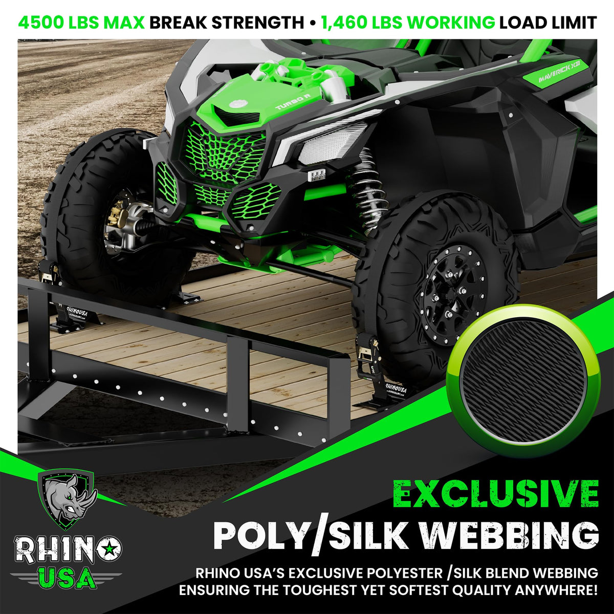Rhino USA straps securing a motorcycle inside a trailer to show stable transport protection
