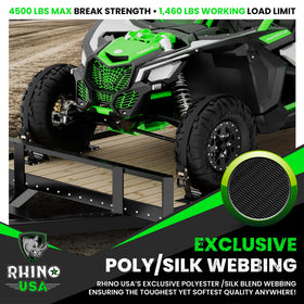 Rhino USA straps securing a motorcycle inside a trailer to show stable transport protection