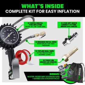 Rhino USA inflator attached to car tire demonstrating fast inflation and checking