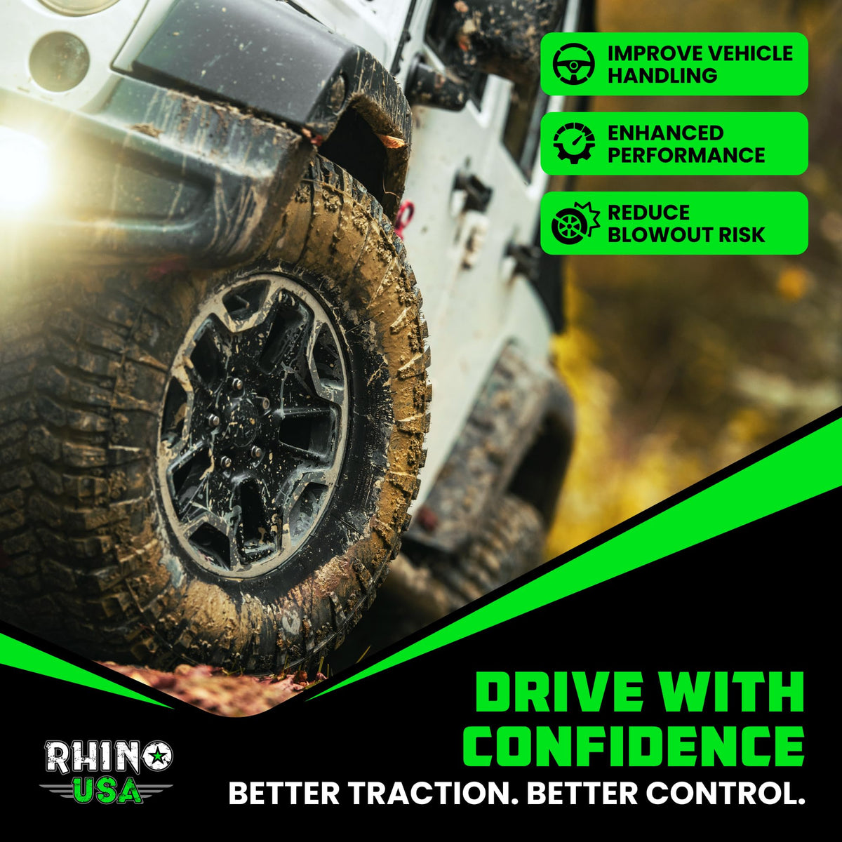 Rhino USA in use on a Jeep tire showing faster traction setup on trail