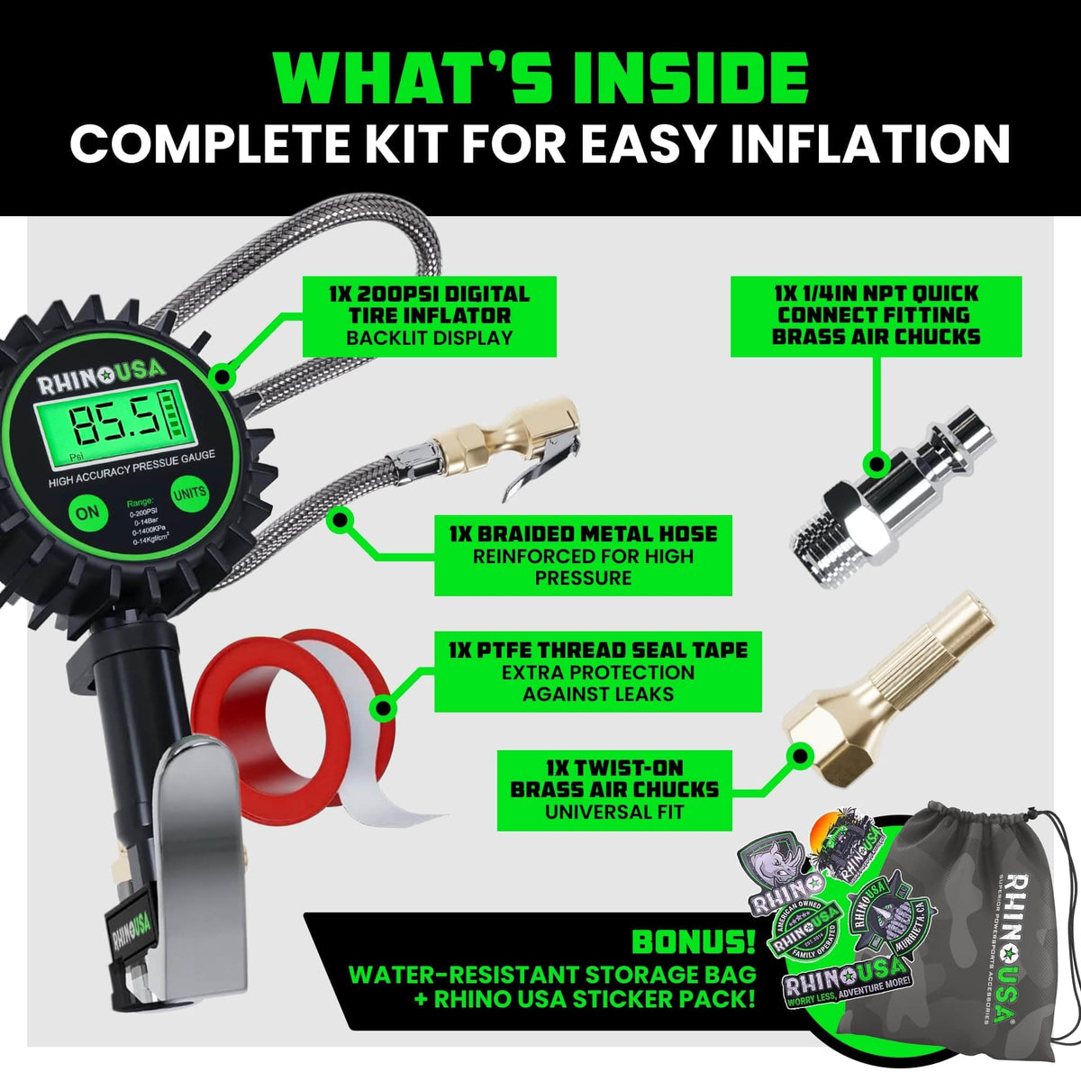Rhino USA inflator in use on truck tire demonstrating fast inflation control