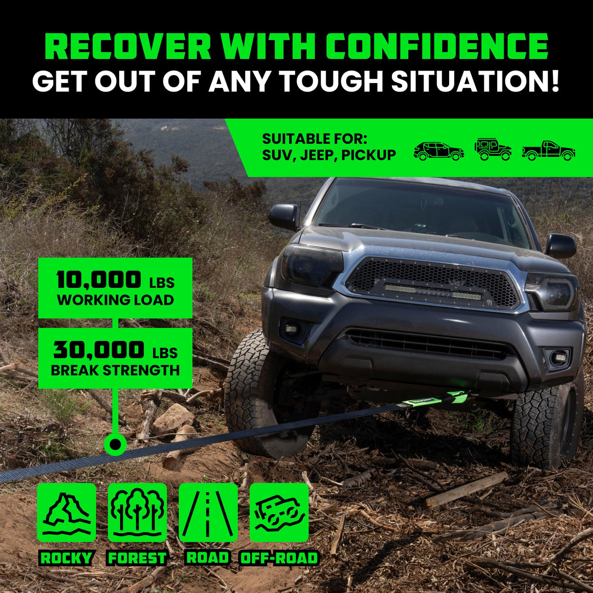 Rhino USA strap in use pulling a stuck vehicle demonstrating reliable recovery control