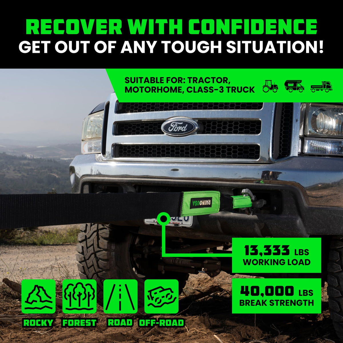 Rhino USA strap in use pulling a vehicle for dependable recovery