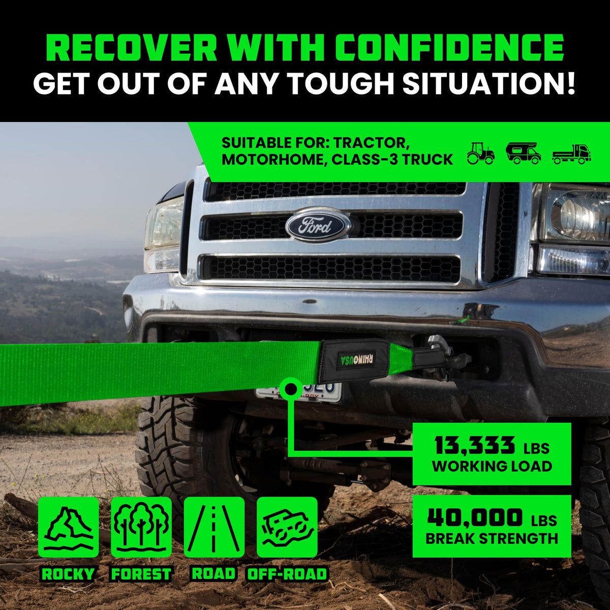 Rhino USA strap in use pulling an SUV illustrating reliable vehicle recovery