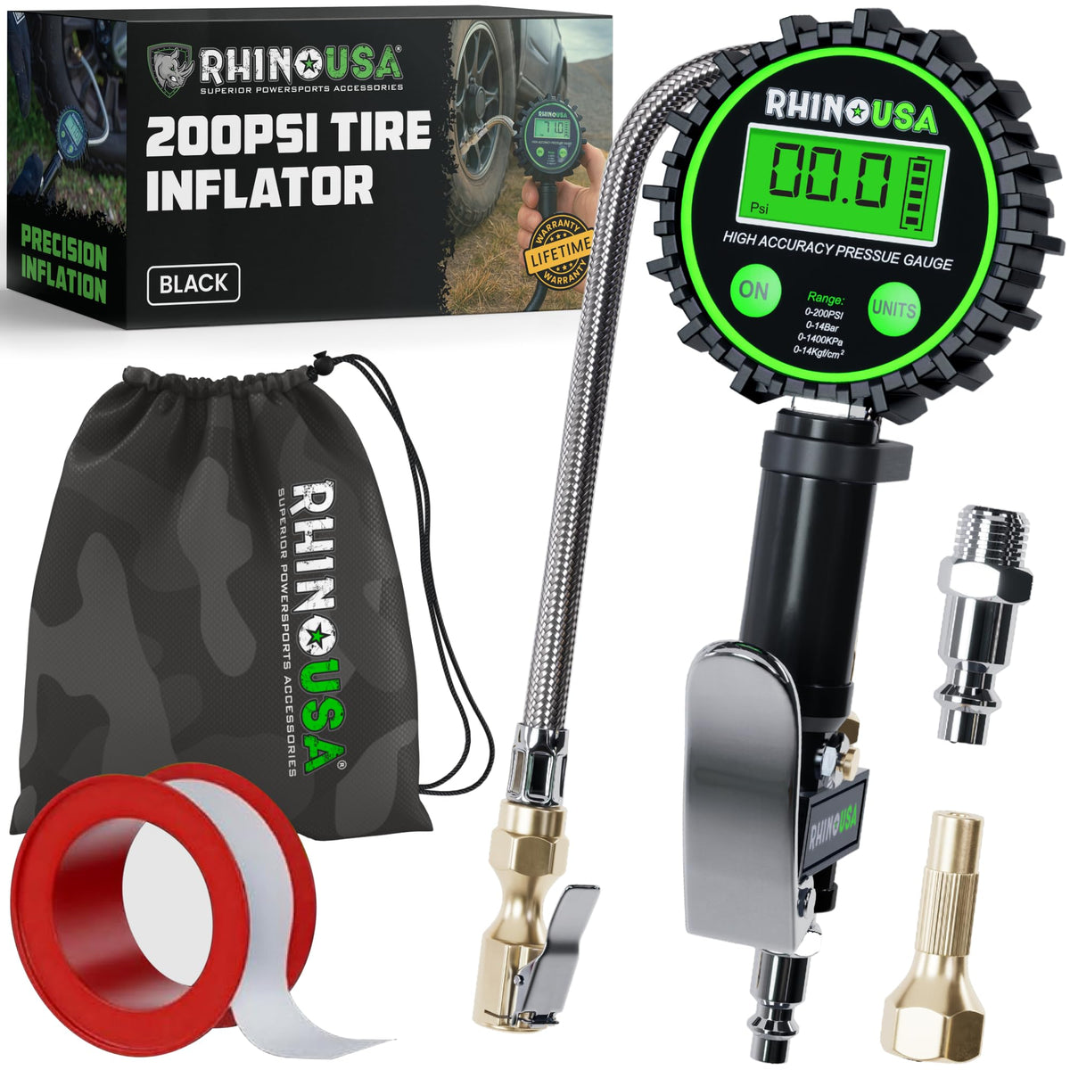 Rhino USA inflator front view showing tool and benefits of durability