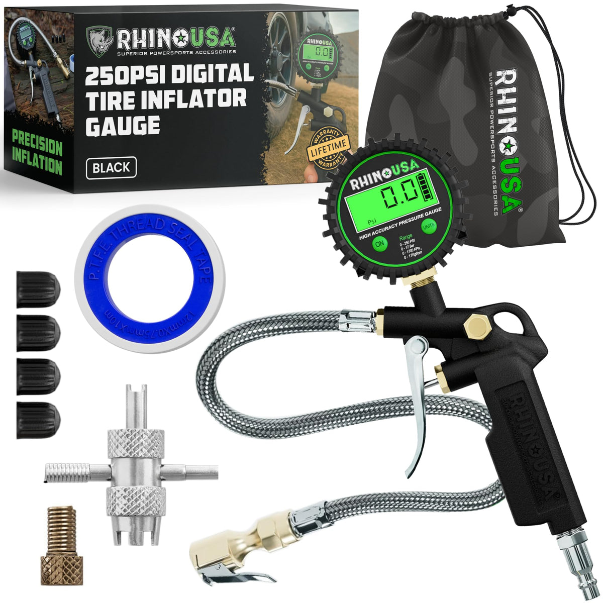 Rhino USA inflator front view showing compact robust design and quick use benefit