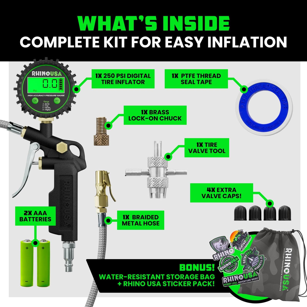Rhino USA inflator in use on car tire enabling fast inflation and precise control