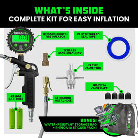 Rhino USA inflator in use on car tire enabling fast inflation and precise control
