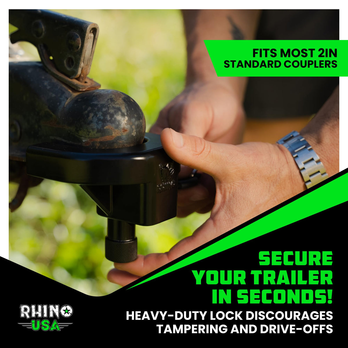 Rhino USA installed on a 2-inch trailer tongue showing secure fit and visible deterrent