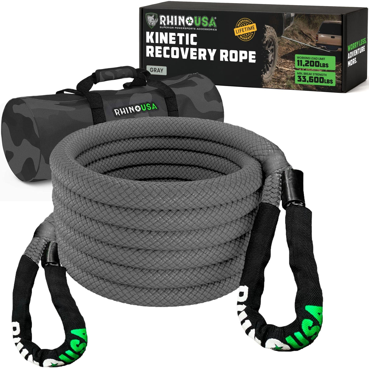 Rhino USA kinetic recovery rope front packaging showing compact carry bag and strap benefit quick transport