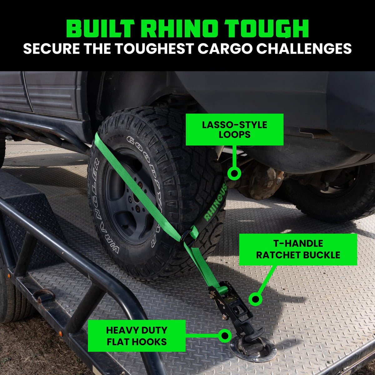 Rhino USA close-up of lasso strap webbing highlighting heavy-duty durability benefit