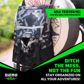 Rhino USA at campsite attached to spare tire demonstrating tidy campsite and quick cleanup