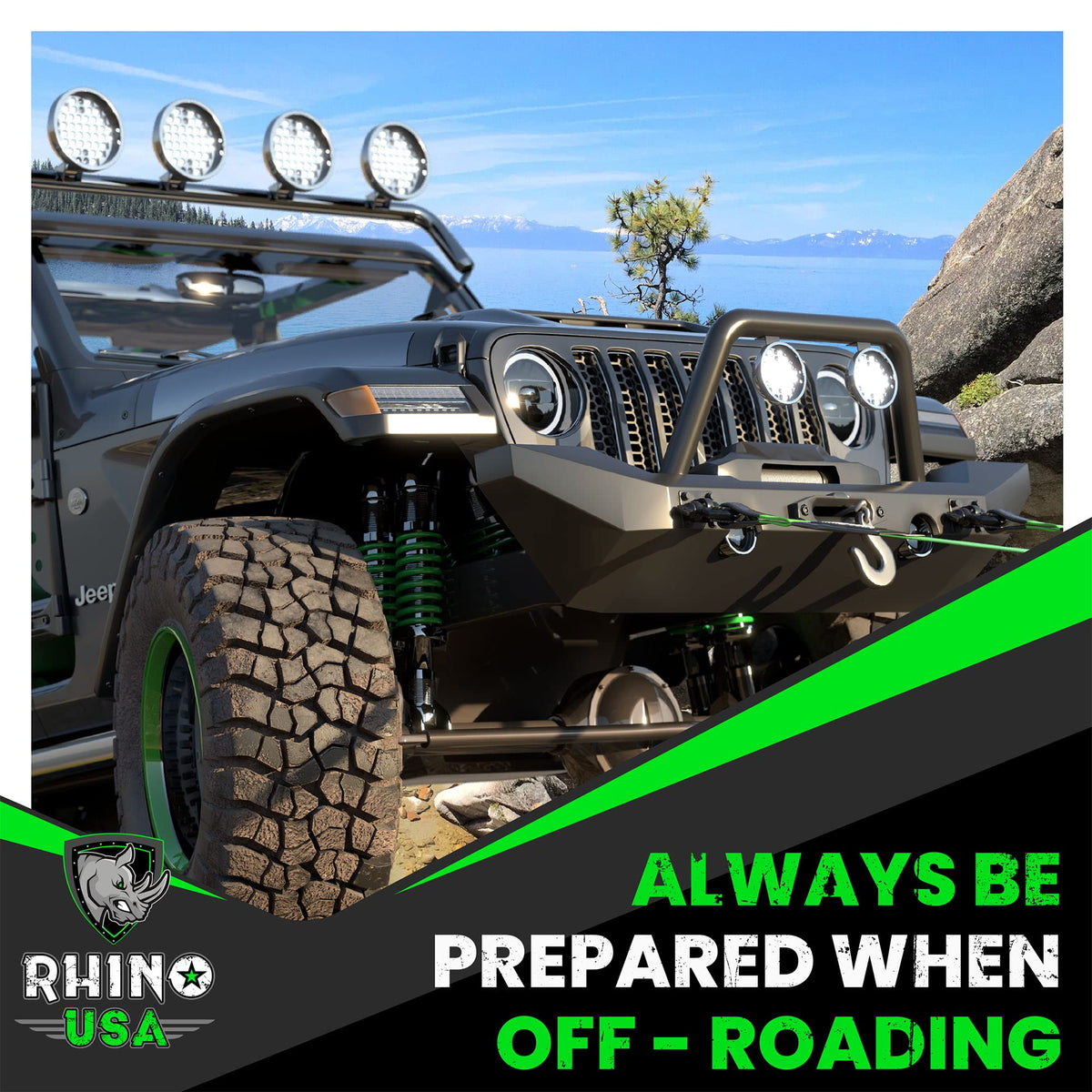 Rhino USA shackles in off-road recovery scene showing dependable strength