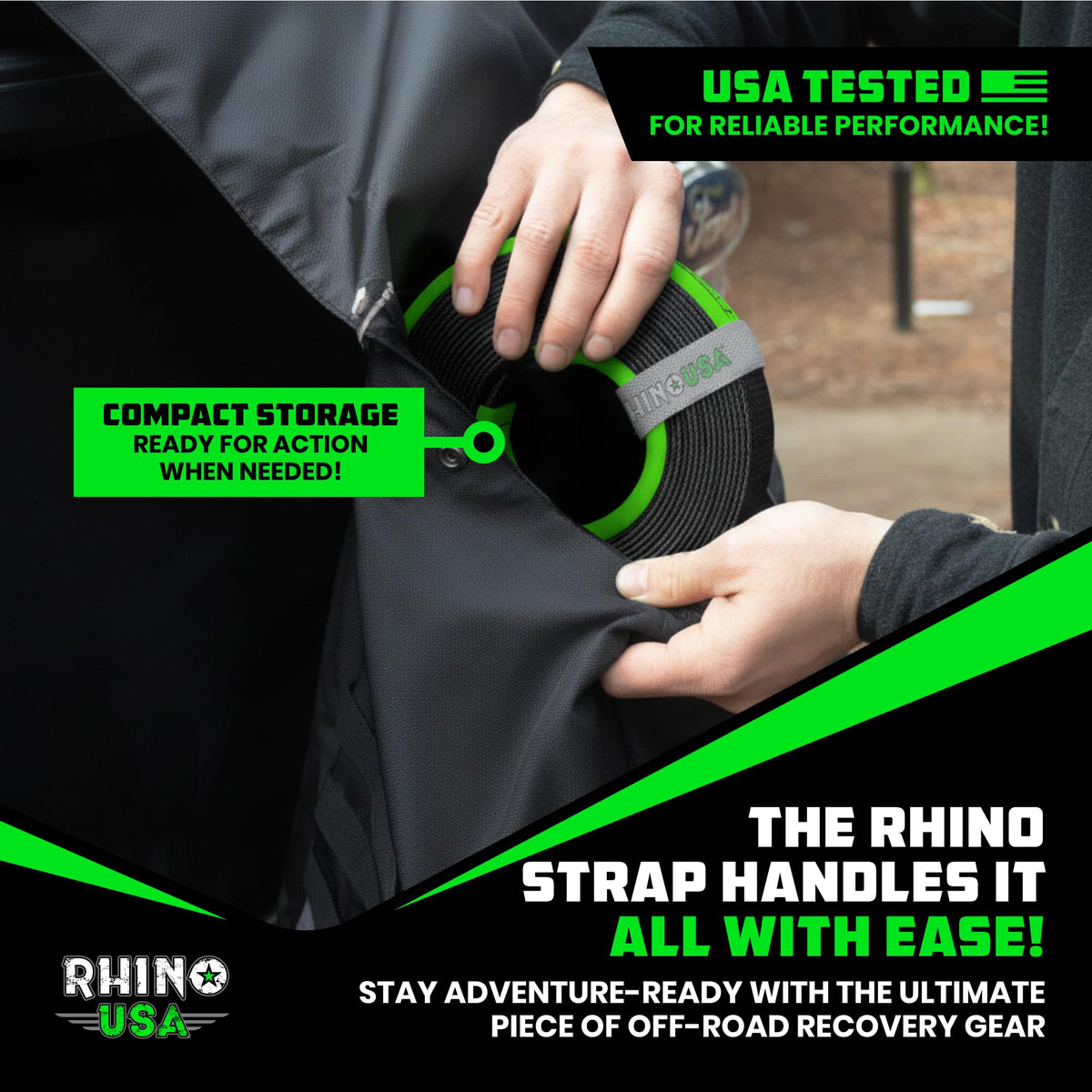 Rhino USA strap packed in vehicle trunk illustrating compact storage convenience