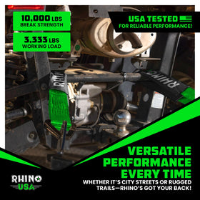 Rhino USA straps securing trailer load in lifestyle scene showing reliable hauling benefit