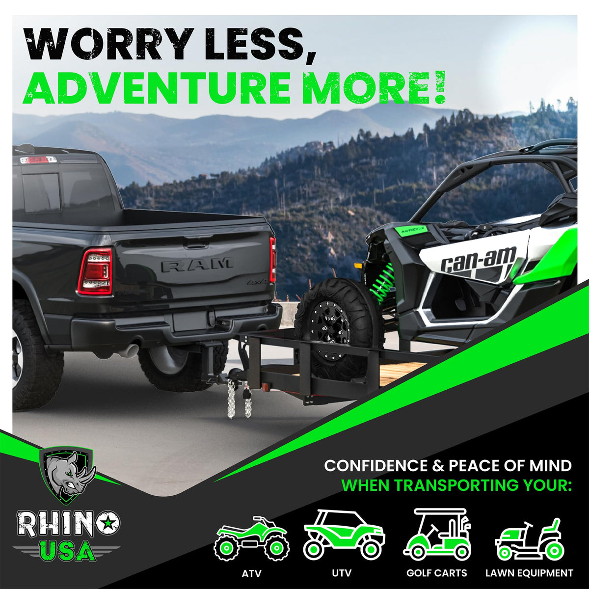Rhino USA strapped cargo in a trailer lifestyle shot showing organized load and safer hauling