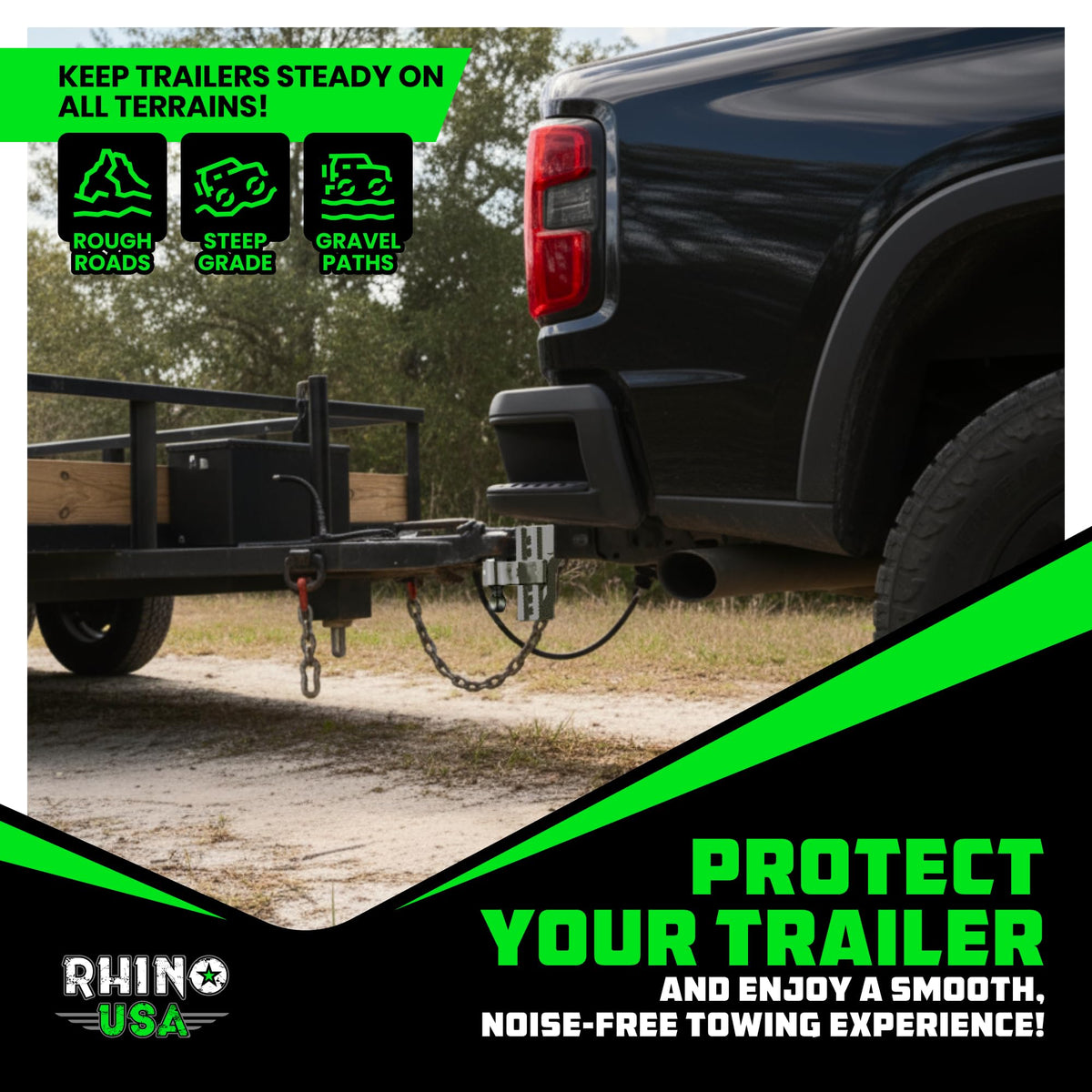 Rhino USA towing lifestyle image with truck and trailer showing confident hauling