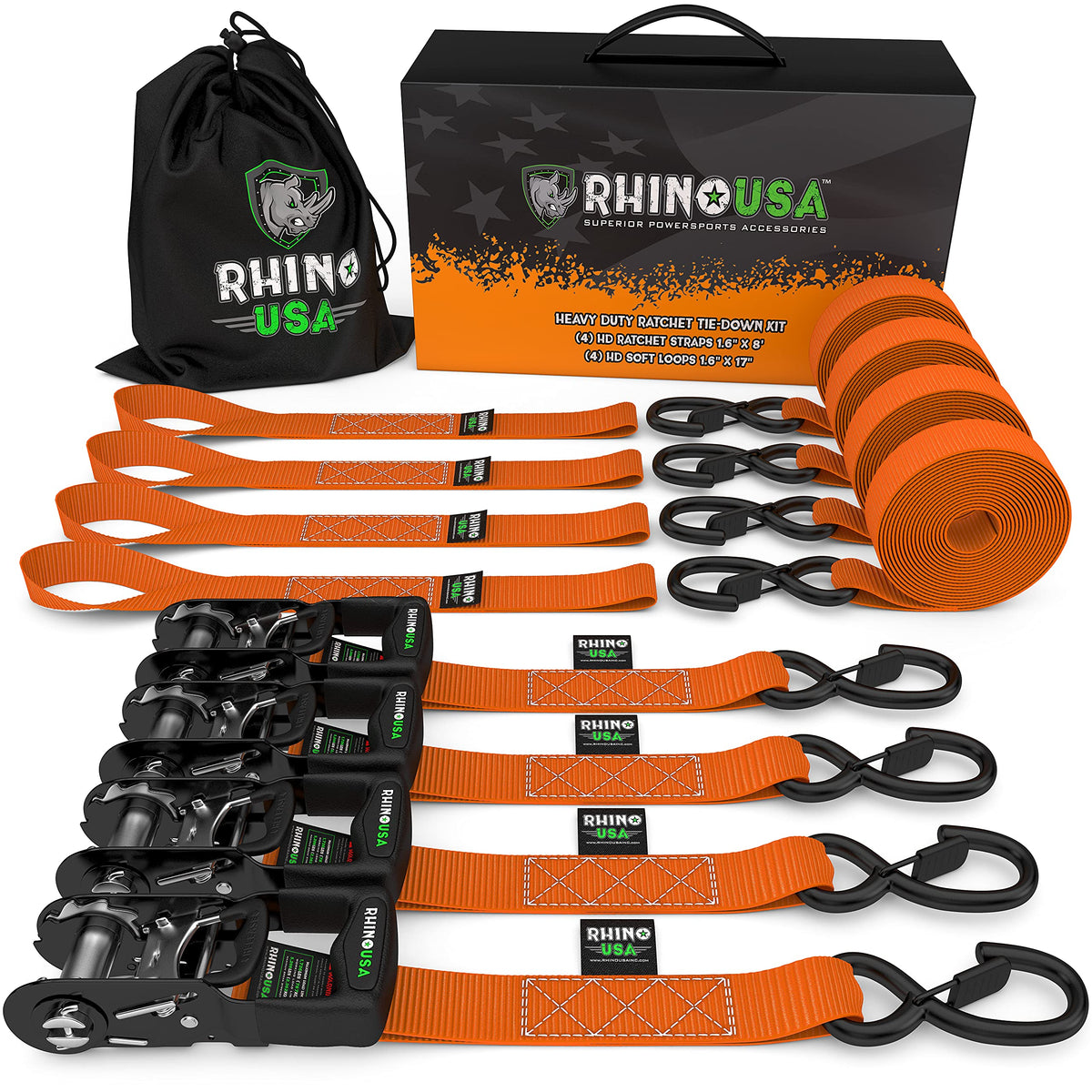 Rhino USA straps securing lawn mower on trailer demonstrating practical use