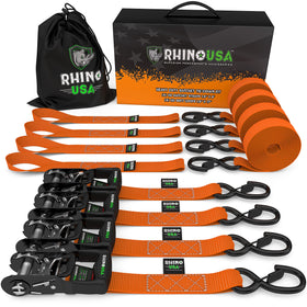 Rhino USA straps securing lawn mower on trailer demonstrating practical use