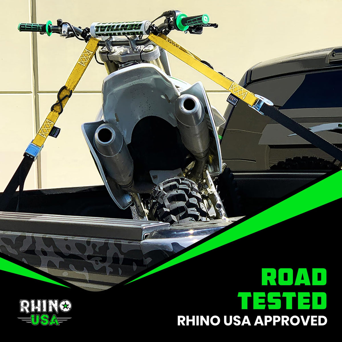 Rhino USA lifestyle truck bed setup showing straps securing bike safely for travel