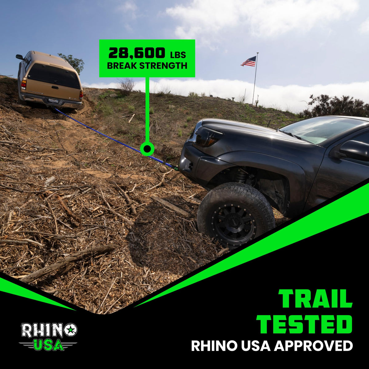 Rhino USA kit on a truck in snow illustrating reliable stuck‑vehicle recovery benefit