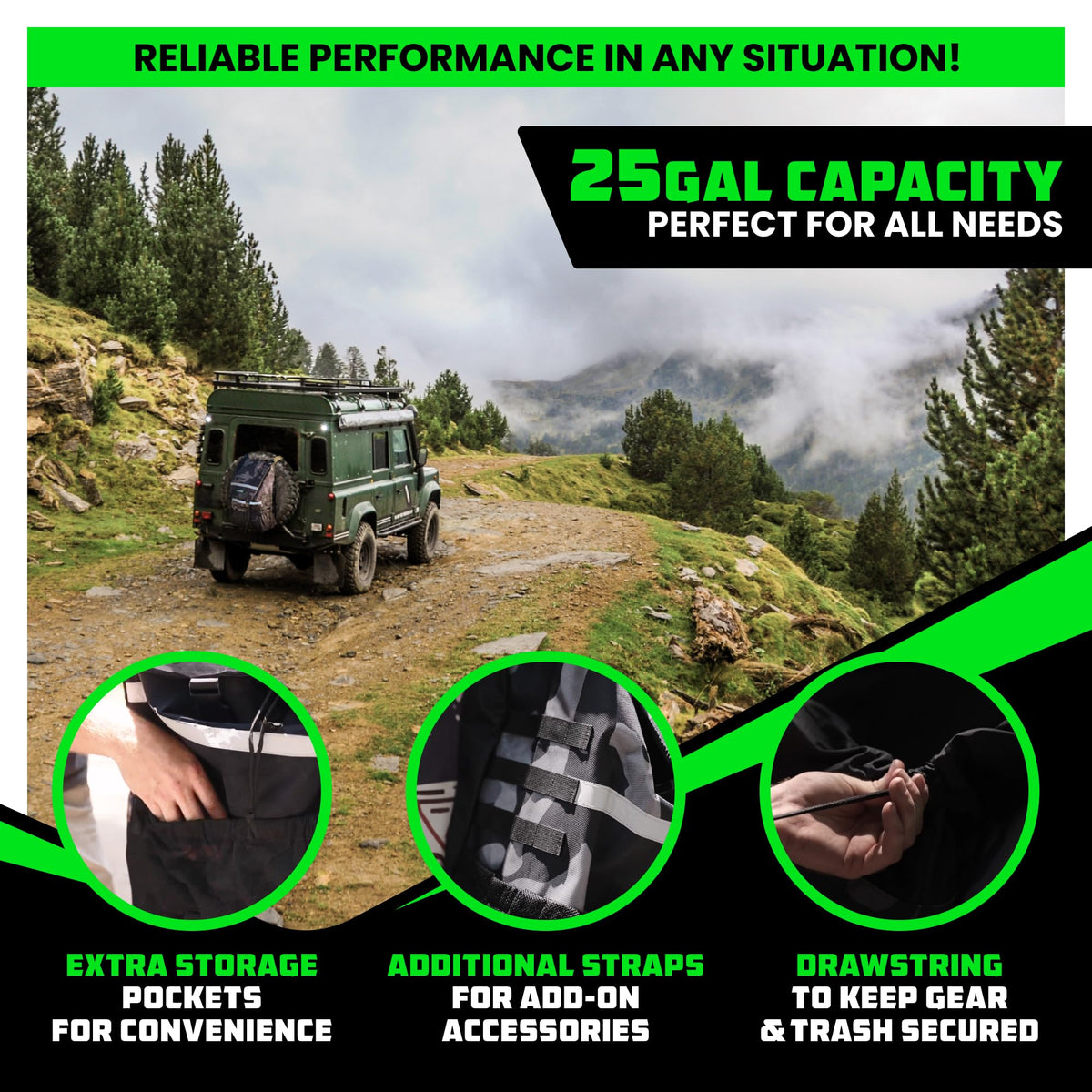 Rhino USA bag mounted on vehicle spare tire demonstrating clean cabin and outdoor storage